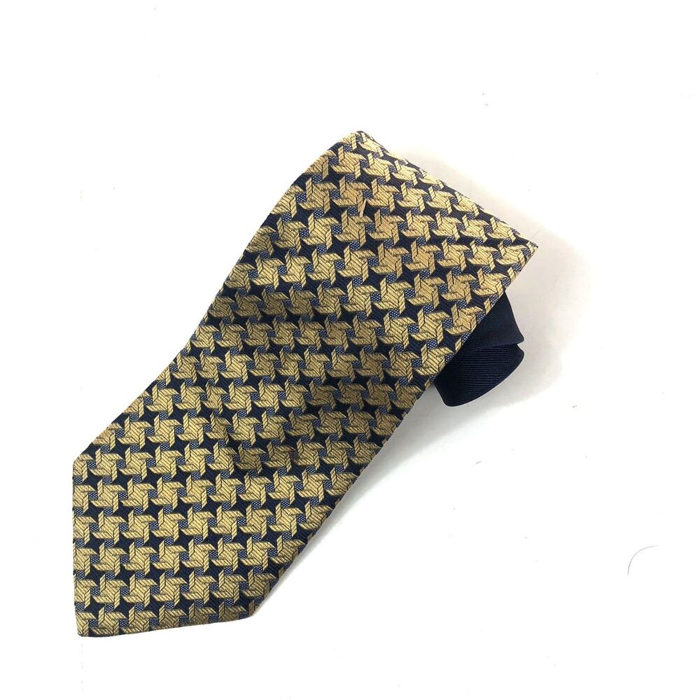 Vintage TOMMY HILFIGER Tie Silk MADE IN USA Navy Blue Gold Geometric Pattern 90s